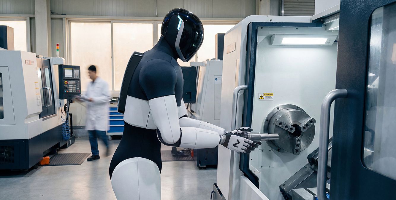 Humanoider Roboter arbeitet an einer Maschine