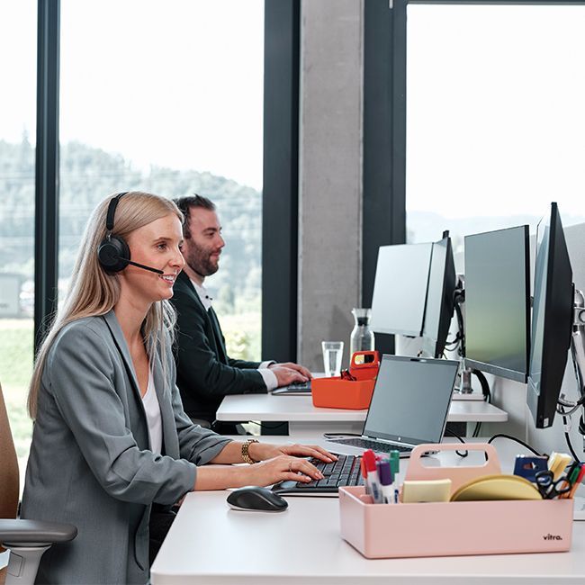 Zwei Mitarbeiter von Streit Service & Solution arbeiten an ihrem Arbeitsplatz am Computer