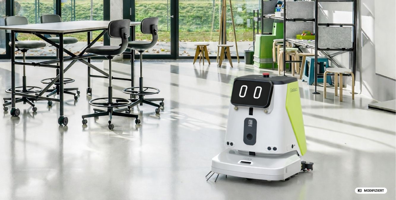 Reinigungsroboter steht in der Arbeitswelt von STREIT in Gengenbach