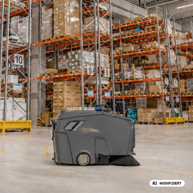 Reinigungsroboter steht in der Logistikhalle von STREIT in Gengenbach