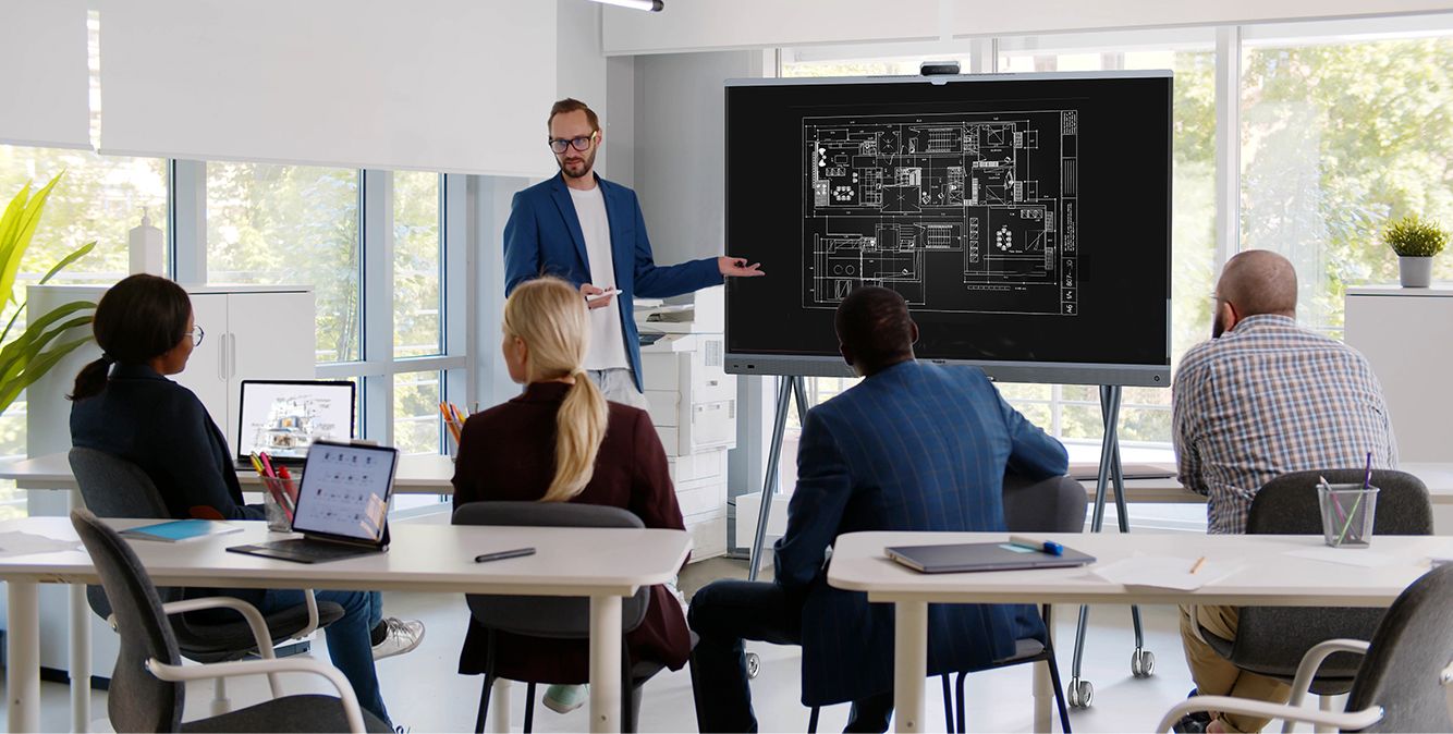 Mehrere Personen hören zu wie ihr Kollege an einem MeetingboardPro etwas präsentiert