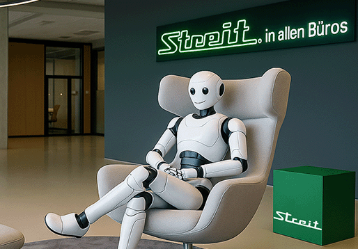 Roboter sitzt bei STREIT auf einem Sessel